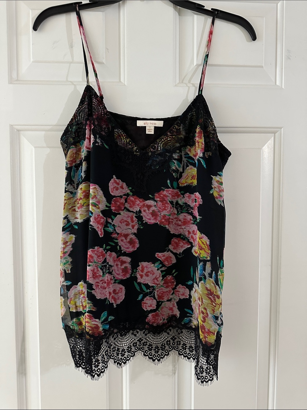 Ella Moss Silk Black Floral Lace-Trim Camisole